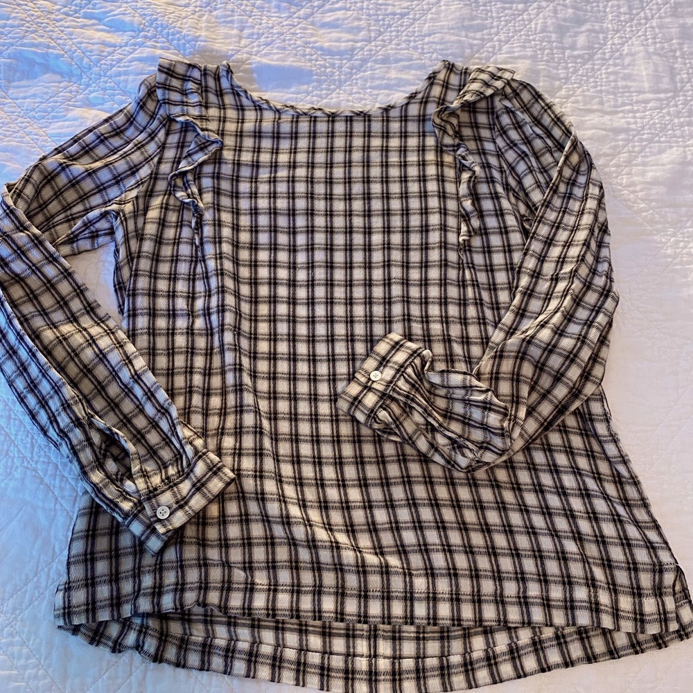 LOFT SZ S- 💯 woven cotton. Lightweight. Tan/black/cream plaid.